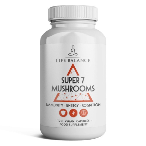 Super 7 Mushrooms - 120 Capsules - Lion's Mane, Cordyceps, Chaga, Reishi, Shiitake, Reishi & Oyster Mushroom Extracts - Vegan - UK Made - No Additives - GMP - Pullulan (120 Capsule Bottle)