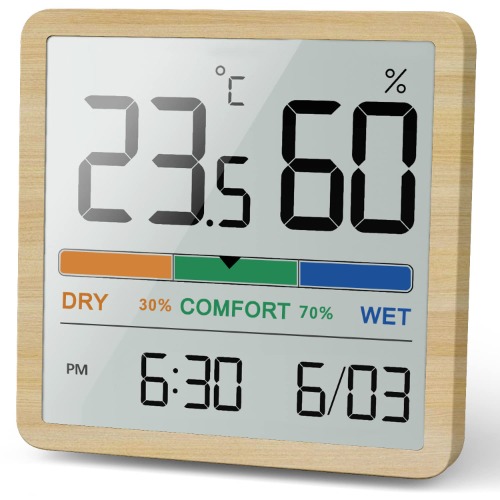 NOKLEAD Hygrometer Indoor Thermometer, Desktop Digital Thermometer with Temperature and Humidity Monitor, Accurate Humidity Gauge Room Thermometer with Clock (Wood Grain)