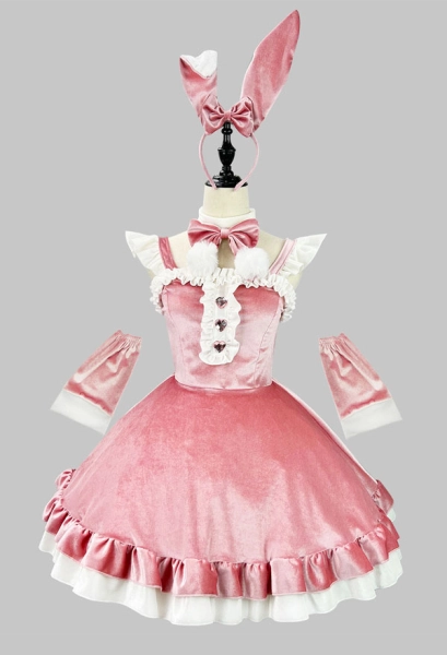 Kawaii Maid Costume Pink Velvet Bunny Ear Maid Dress Outfits