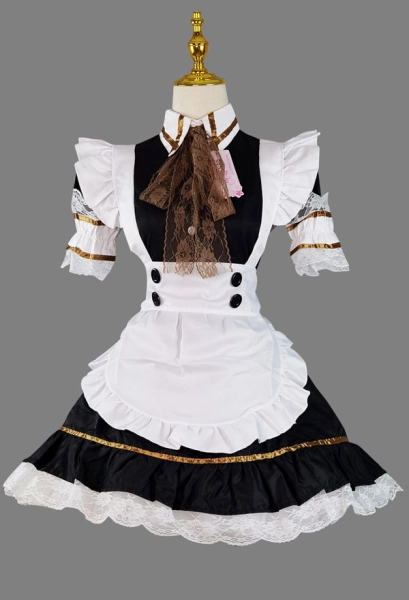 Kawaii Maid Outfit Ruffle Lace Decorated Dress and Apron with Headdress and Tie