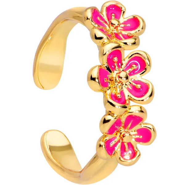 Gold Tone Powerfully Pink Flower Trio Toe Ring | Default Title
