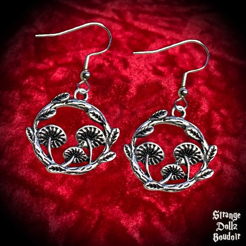 Mushroom Wreath Earrings,  925 Sterling Silver, Cottagecore, Witchy Gothic, Strange Dollz Boudoir - Classic hooks 925 sterling silver