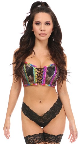 Lavish Rainbow PVC Glitter & Fishnet Lace-Up Short Bustier Top - Large / Rainbow
