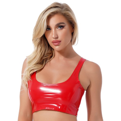 YiZYiF Women's Latex Crop Top Scoop Neck Lingerie Skinny Unlined Camis Tank Tops Rave Clubwear - Red Large
