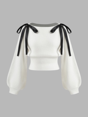 Knit Boat Neck Bowknot Crop Oversized Sweater