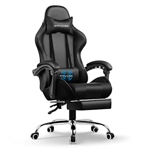 GTPLAYER Gaming Chair, Computer Chair with Footrest and Lumbar Support, Height Adjustable Game Chair with 360°-Swivel Seat and Headrest and for Office or Gaming (Faux Leather, Black)