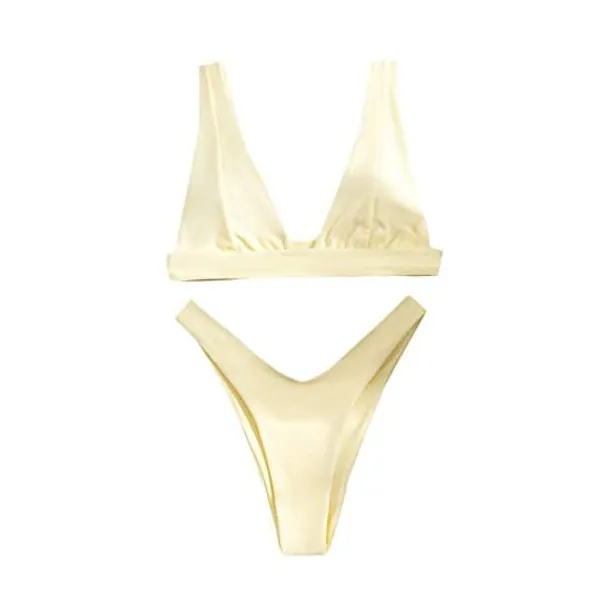 SheIn Women's Solid High Cut Thong Bikini Swimsuit Padded Plunging Bathing Suit