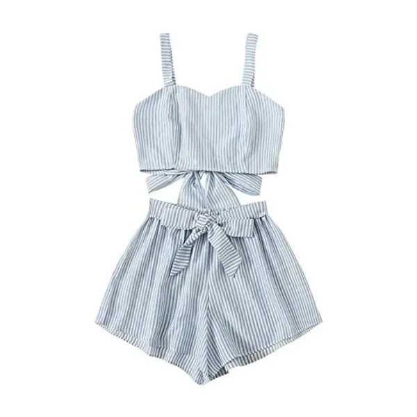 SweatyRocks Women's 2 Piece Outfits Summer Sleeveless Tie Back Crop Cami Top and Shorts Set