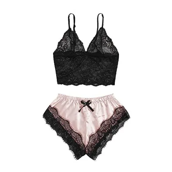 SweatyRocks Women's Lace Cami Top with Shorts with Panties 2 Piece Set Sexy Lingerie Pajama Set