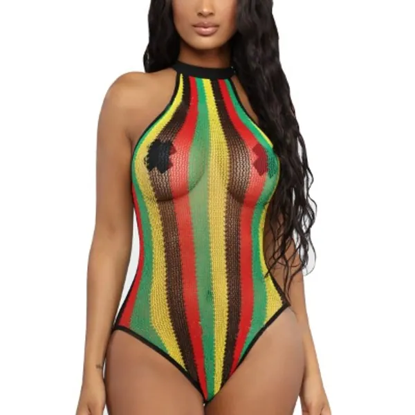 Women Rave Rainbow Striped Push Up Swimsuit Bikini See Through Mesh Bodysuit Beachwear for Dance Festivals