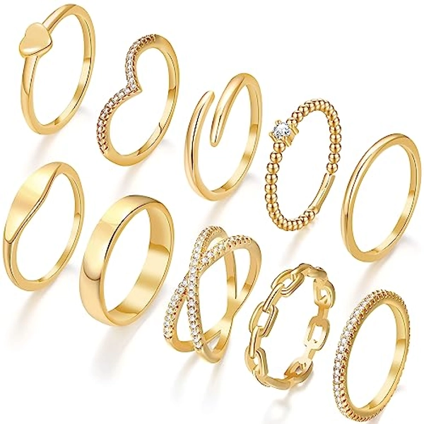 10 PCS Dainty 14K Gold Rings for Women Teen Girls, Open Twist Simulated Diamond Criss Cross Designs, Perfect for Stacking Layering on Thumb and Knuckle in Sizes 6-10