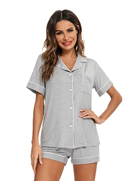 Aamikast Button Up Pajama Set for Women Shorts Short Sleeve Knit Sleepwear 2 Pice Pjs Sets