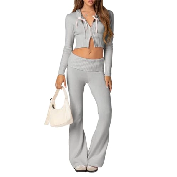 TRURENDI Women Fall Ribbed Knit 2 Piece Outfits Long Sleeve Zip Up Hooded High Waist Wide Leg Skinny Pants Set Loungewear