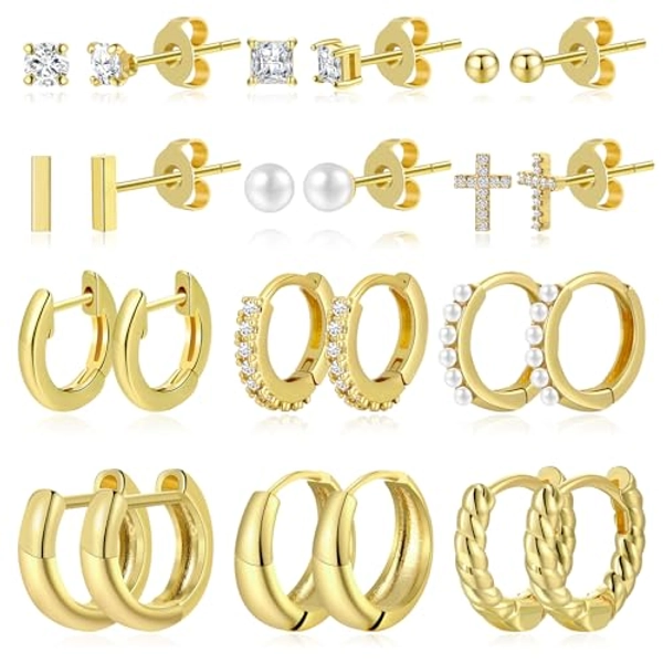 12 Pairs Small Gold Huggie Hoop Earrings Set for Women, 14K Gold Plated Hypoallergenic Tiny Trendy Stud Cartilage Earrings Pack for Girls Jewelry Gifts