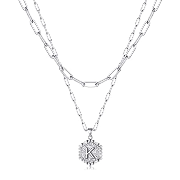 M MOOHAM Dainty Gold Necklace for Women - 14K Solid Gold Over Teen Girl Gifts Cute Hexagon Letter Initial Necklaces for Women Teen Girls Gold Layered Necklaces for Women Jewelry Gifts