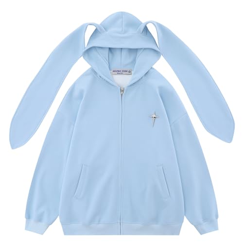 Aelfric Eden Graphic Hoodies Unisex Oversized Rabbit Ears Solid Hoodie Zip-up Hooded Sweatshirt Fall Clothes - X-Small - Blue