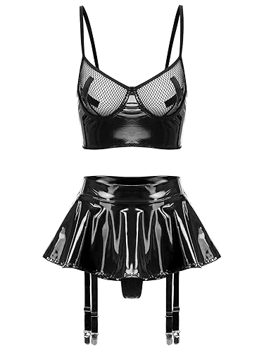winying Women's 2Pcs Leather Lingerie Set Bustier Crop Top with Skirt Garter Belts Carnival Outfits - Black - X-Large