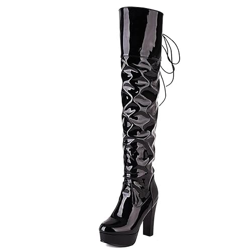 SACFOF Women's Over The Knee Boots Leather PU Chunky Block Heel Sexy Fashion Dress Wedding High Heels Thigh High Boots Long Boot - 8 - Black