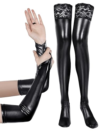 Bencailor Women's Wet Look Costume Set Include Fingerless Long Gloves Thigh High Stockings with Lace for Cosplay - Large-X-Large