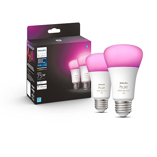 Philips Hue A19 LED Smart Light Bulbs - Flicker-Free 75w Light Bulbs - Control with Hue App - Compatible with Alexa, Google Assistant, and Apple HomeKit - E26 Base - 2 Pack - White & Color Ambiance - 2 Pack - Smart Bulb