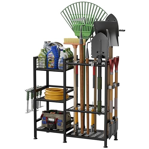 keomaisyto Garden Tool Organizer with Basket, 3 Tier Yard Tool Storage Rack for Garage Organization, Heavy Duty Garden Tool Holder with 35 Long-Handled Tool Slots for Shed, Yard, Garage - Large