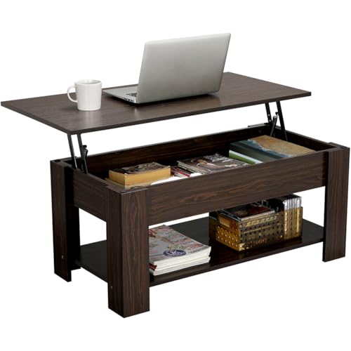 Yaheetech Lift Top Coffee Table with Hidden Compartment and Storage Shelf, Rising Tabletop Dining Table for Living Room Reception Room, 38.6in L, Espresso - Espresso - 38.6 inches