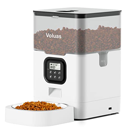 VOLUAS Automatic Cat Feeders - Dry Food Dispenser with Timer, Desiccant Bag, Programmable Portion Size Control 4 Meals Per Day, 10s Voice Recorder - 4L - White Transparent
