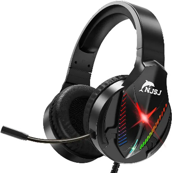 NJSJ PC Headset Over-Ear Gaming Headphones with Mic LED Light Noise Cancelling  Volume Control for Laptop Mac Nintendo Switch New Xbox One PS4,Black