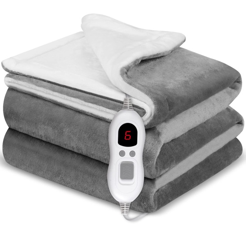 Heated Throw Electric Blanket, 160 X 130cm Flannel Heated Blanket, 6 Heat and 1-8h Timer, Grey Electric Throw for Sofa and Bed, Fast Heating Electric Overblanket, Machine Washable