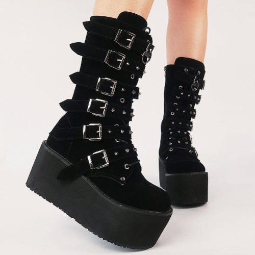 Black Platform Buckle Boots - 'Atomic Explosion' - Black flock / 10