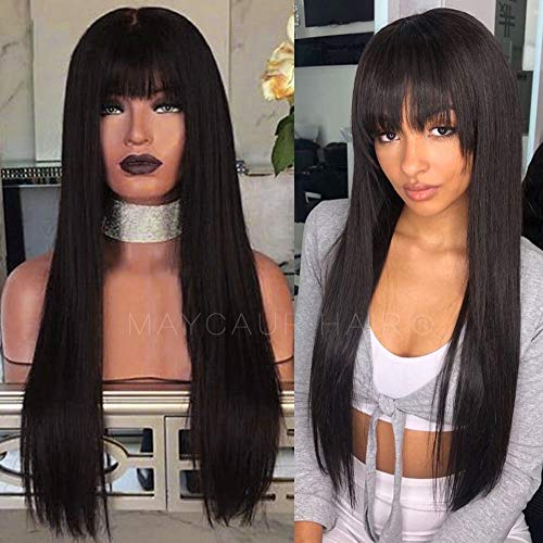 Maycaur Black Synthetic Hair Wigs with Full Bangs Long Straight Women's Wig Heat Resistant Synthetic No Lace Wigs for Fashion Women - #Black