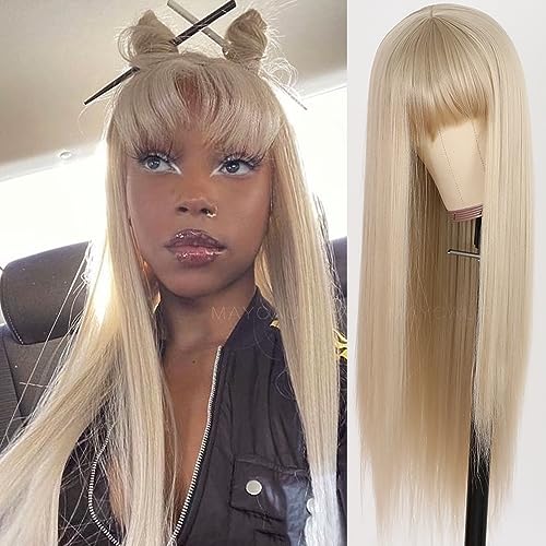 Maycaur Ash Blonde Wig with Bangs Synthetic Hair Long Straight Women's Wig Heat Resistant Synthetic No Lace Wigs for Fashion Women - #Ash Blonde