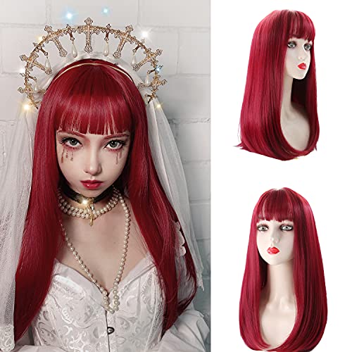 MEIRIYFA Red Long Straight Wig with Bangs for Women Hair Costume Wigs Fashion Synthetic Full Wig Hair Replacement for Cosplay Daily Party-17Inch (Wine Red)