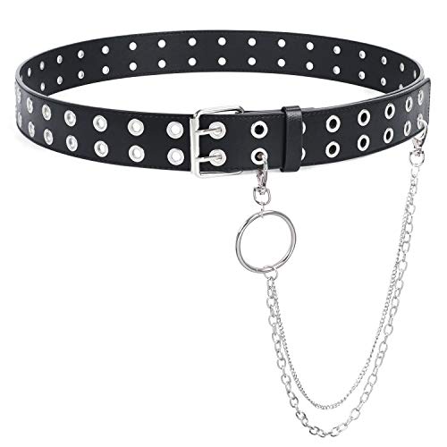 SUOSDEY Double Grommet Leather Belt with Detachable Chain for Women Men,Punk Black Belt with Double Studded Holes for Jeans - A. Black With Hoop Chain - S: fit pants size 27"-35"