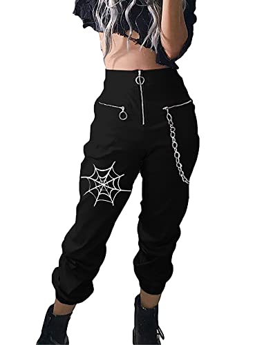 Kisswow Women's High Waisted Cargo Pants with Chain Pockets Casual Black Baggy Y2k Streetwear Jogger Pants Girls - Medium - 01 - Spider Web