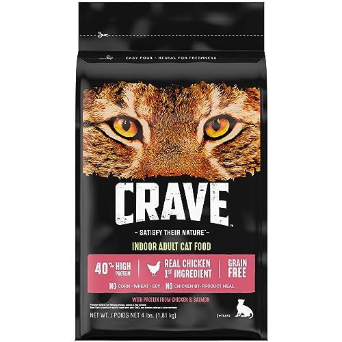 CRAVE Grain Free Indoor Adult High Protein Natural Dry Cat Food with Protein from Chicken & Salmon, 4 lb. Bag - Adult - Chicken & Salmon - 4 Pound (Pack of 1)