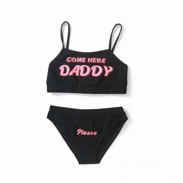 Come Here Daddy Crop Top - Black Set With Panties (One Size - Large)
