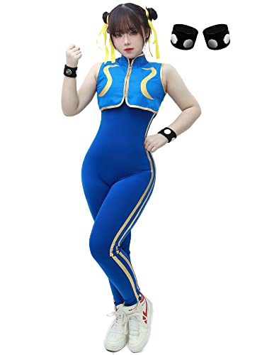 DAZCOS Women's US Size Blue Cheongsam Game Cosplay Halloween Costume Fighter Bodysuit with Bracelet and Hair Ties - X-Large - Blue