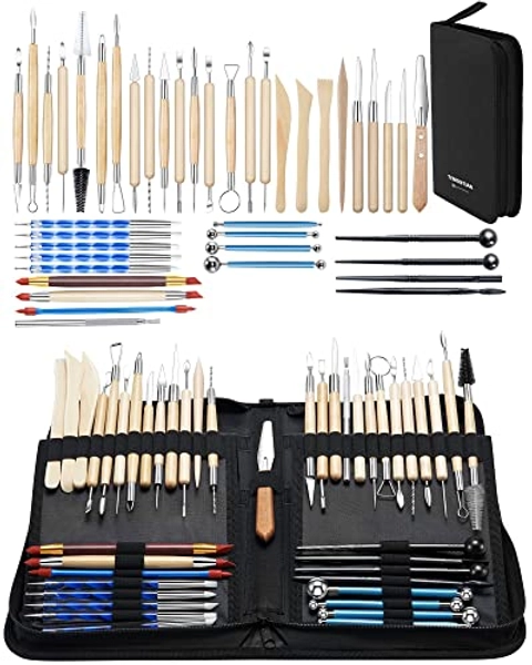 TEMONTIAN Pottery Clay Sculpting Tools,Double Sided Polymer Clay Tools, Sculpting Clay,43Pcs Double Sided Ceramic Clay Carving Tool Set with Carrying Case Bag for Beginners