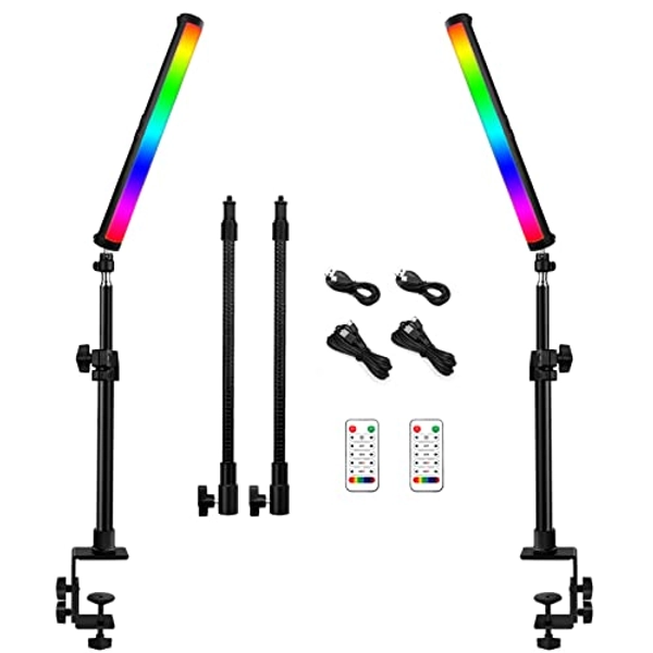 RGB Led Video Light Stick Wand with Stand, QEUOOIY 360° Full Color 2500-9500K Portable Studio Photography Lighting, 5000mAh Rechargeable Battery &Magnet &15-25" C Clamp Desk Mount Light Stand for Vlog