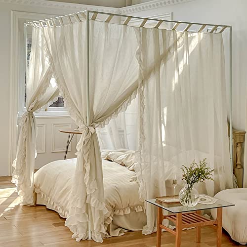 Mengersi Linen Canopy Bed Curtains,Bed Canopy Curtains Bed Drapes Sheer Curtains for Bedroom Decor (Ivory, Queen) - Queen - Ivory