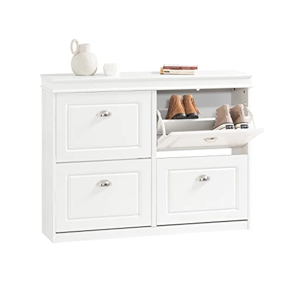 Haotian FSR79-W, White Shoe Cabinet with 4 Flip Drawers, Freestanding Shoe Rack, Shoe Storage Cupboard Organizer Unit
