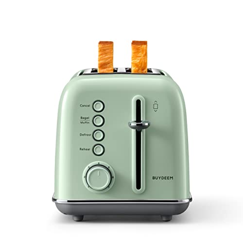 BUYDEEM DT620 2-Slice Toaster, Extra Wide Slots, Retro Stainless Steel with High Lift Lever, Bagel and Muffin Function, Removal Crumb Tray, 7-Shade Settings (Cozy Greenish) - Cozy Greenish