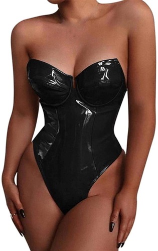 MMWMJWMB Women's Sexy Latex Catsuit Faux Leather Corset Dress Lingerie Wetlook PVC Strapless Bustier Dress Club Clothing - Black XX-Large