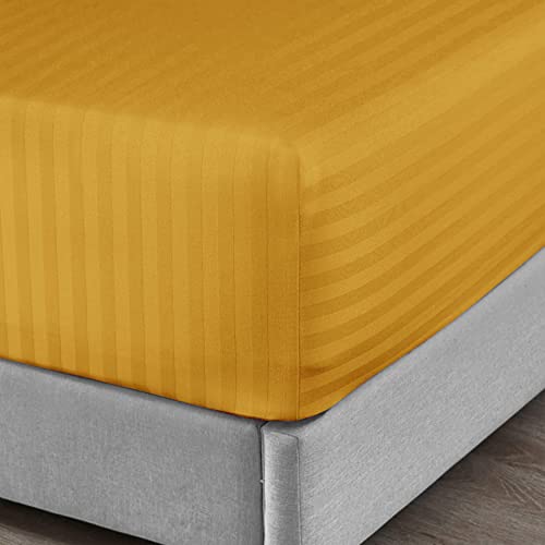 Oxford Homeware Fitted Sheet 25cm Deep Brushed Microfiber Bed Sheets - Easy Care Soft Satin Stripe Ochre Fitted King Size Sheet - Shrinkage and Fade Resistant - Ochre - King