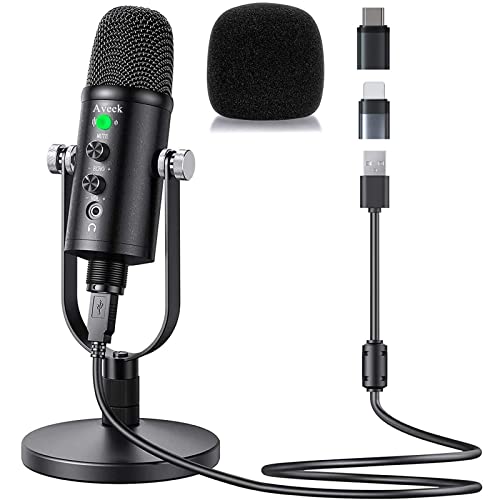 USB Microphone, Aveek Condenser Recording Microphone with Mute and Echo for Laptop pc Mac Phone Studio Recording, Streaming Broadcast and Game