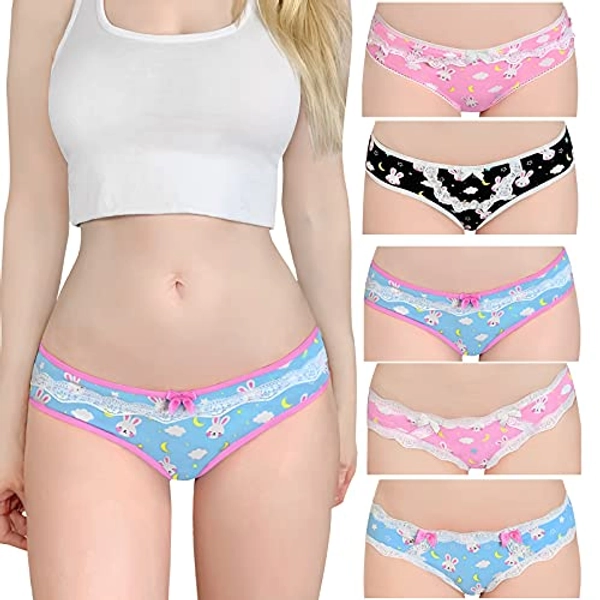 Littleforbig Women's Ladies Soft Cotton Underwear Comfortable Hipster Briefs 5 Colorful Pack Panties Set - Bedtime Bunny - Medium - Multicolor