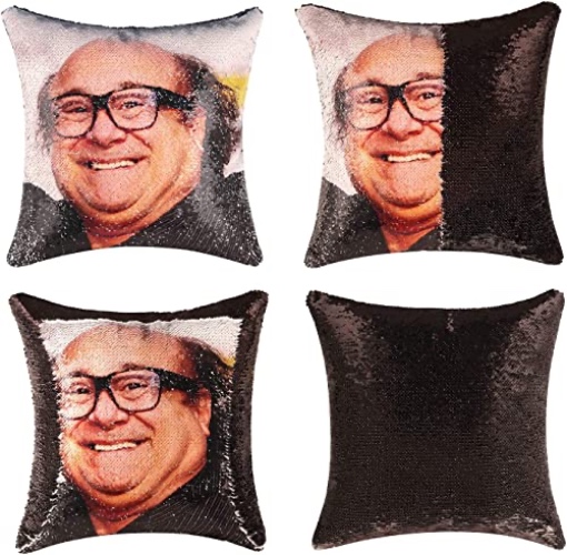 Rackynass Danny Devito Funny Sequin Throw Pillow Cover Magic Reversible Mermaid Sequin Pillow Case Decorative Cushion Cover Glitter Accent Pillow 16x16 Inches - Danny Devito Pillow Cover