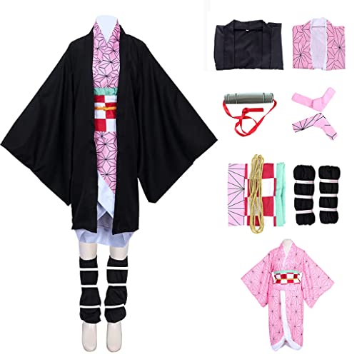 Demon Slayer Kamado Nezuko Cosplay Costume Kimono Set Girls, Japanese Anime Cosplay Outfits Hairwear - Medium - Pink Nezuko