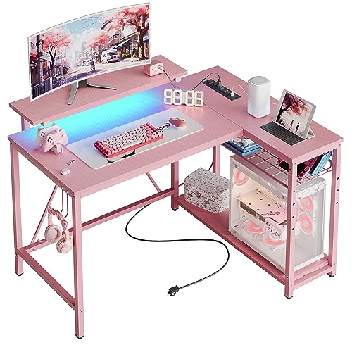 Bestier Small L Shaped Gaming Desk with Power Outlets, 42 inch Computer Desk with Storage Shelves Reversible Corner Gamer Desk with Monitor Stand & Headset Hooks Carbon Fiber Pink - 42 inch - Carbon Fiber Pink